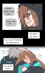 Rule 34 | 1girl, 2boys, :d, amiya (arknights), animal ear fluff, animal ears, arknights, black jacket, blue eyes, brown hair, closed eyes, comic, crying, doctor (arknights), english text, grey hair, guin guin, hair over one eye, highres, hood, hood down, hood up, hooded jacket, hug, jacket, jewelry, long hair, low ponytail, material growth, multiple boys, old man (guin guin), open mouth, oripathy lesion (arknights), ponytail, rabbit ears, ring, sin (guin guin), smile, tears, teeth, upper teeth only, very long hair