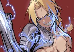 Rule 34 | 1boy, blonde hair, braid, clenched teeth, edward elric, electricity, fullmetal alchemist, grin, hand up, highres, ikuchan kaoru, looking at viewer, male focus, mechanical hands, prosthesis, prosthetic arm, red background, simple background, single mechanical hand, smile, solo, teeth, topless male, yellow eyes