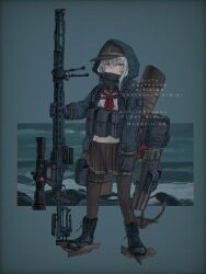Rule 34 | 1girl, anchor symbol, anti-materiel rifle, black footwear, black gloves, black hat, black pantyhose, black skirt, blue eyes, blue hair, blue jacket, blush, boots, character name, combat boots, english text, evening, expressionless, gloves, gun, hat, hibiki (kancolle), hood, hood up, hooded jacket, jacket, kantai collection, kuro4221, looking at viewer, neckerchief, open clothes, open jacket, outdoors, pantyhose, pleated skirt, pouch, red neckerchief, rifle, rock, school uniform, scope, serafuku, shirt, skirt, sky, sniper rifle, solo, standing, thigh pouch, water, weapon, white shirt