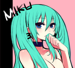 Rule 34 | 1girl, adjusting hair, aqua hair, bare shoulders, blue eyes, chan co, choker, earrings, female focus, hair over shoulder, hatsune miku, holding, holding own hair, jewelry, long hair, portrait, solo, topless frame, twintails, upper body, vocaloid