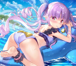 Rule 34 | ass, blue sky, breasts, crime prevention buzzer, fujima takuya, inflatable dolphin, inflatable toy, kyouka (princess connect!), long hair, looking at viewer, o-ring, outdoors, pointy ears, princess connect!, purple hair, sky, small breasts, swimsuit, twintails, very long hair, water