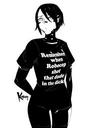 Rule 34 | 1girl, android, artist name, closed mouth, clothes writing, commentary, cowboy shot, elster (signalis), english commentary, english text, greyscale, highres, joints, koyorin, monochrome, print shirt, robot joints, shirt, short hair, short sleeves, signalis, solo