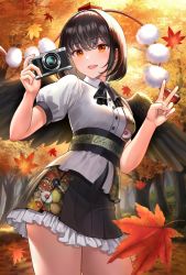 Rule 34 | 1girl, :d, autumn, autumn leaves, bird wings, black hair, black ribbon, black skirt, black wings, blush, breasts, buttons, camera, collared shirt, commentary request, cowboy shot, dress shirt, falling leaves, feathered wings, frilled skirt, frills, hair between eyes, hat, holding, holding camera, leaf, leaf print, looking at viewer, maple leaf, medium breasts, open mouth, pleated skirt, pom pom (clothes), puffy short sleeves, puffy sleeves, red eyes, red hat, ribbon, shameimaru aya, shirt, short hair, short sleeves, skirt, smile, solo, standing, tokin hat, touhou, uemura shun, v, white shirt, wing collar, wings