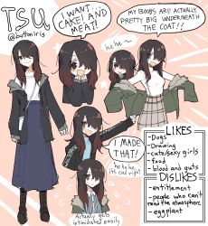 Rule 34 | 1girl, :d, absurdres, artist self-insert, bad id, bad twitter id, bag, black jacket, blue skirt, blush, boots, breast conscious, breasts, brown footwear, brown hair, character sheet, closed mouth, commentary, dot nose, english commentary, english text, flying sweatdrops, gradient hair, hair over one eye, highres, jacket, long hair, long skirt, long sleeves, looking at viewer, medium breasts, multicolored hair, multiple views, one eye covered, open clothes, open jacket, open mouth, original, shirt, shoulder bag, skirt, smile, sweatdrop, tsu (lovesick1964), twitter username, waving, white shirt
