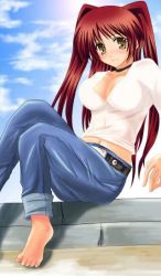 Rule 34 | 00s, 1girl, bad anatomy, barefoot, blush, breasts, brown eyes, casual, choker, cleavage, day, denim, jeans, jpeg artifacts, kousaka tamaki, large breasts, midriff, navel, pants, poorly drawn, red hair, sky, solo, to heart (series), to heart 2