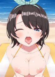 Rule 34 | 1girl, beach, black hair, blue eyes, blush, breasts, breasts out, breasts squeezed together, cleavage, fuji yoshida, hair ribbon, highres, hololive, looking at viewer, medium breasts, nipples, one eye closed, oozora subaru, open mouth, ribbon, short hair, solo, tongue, tongue out, upper body, virtual youtuber, waiting for cum