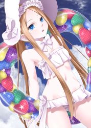 Rule 34 | 1girl, abigail williams (fate), abigail williams (swimsuit foreigner) (fate), abigail williams (swimsuit foreigner) (third ascension) (fate), bare shoulders, bikini, blonde hair, blue eyes, blue sky, bow, bowtie, cloud, cowboy shot, fate/grand order, fate (series), forehead, frilled bikini, frilled hairband, frilled swimsuit, frills, hairband, highres, holding, holding swim ring, innertube, long hair, navel, parted bangs, parted lips, sidelocks, sky, solo, stomach, swim ring, swimsuit, takanashi tsukasa, twintails, very long hair, white bikini, white bow, white headwear
