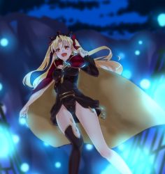 Rule 34 | 1girl, :d, asymmetrical legwear, bad id, bad pixiv id, black leotard, black thighhighs, blonde hair, bow, cape, diadem, earrings, ereshkigal (fate), fate/grand order, fate (series), floating hair, from below, hair between eyes, hair bow, highres, jewelry, leotard, long hair, looking at viewer, mai (maika 04), night, open mouth, outdoors, red bow, red eyes, smile, solo, standing, thighhighs, twintails, two side up, uneven legwear