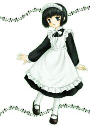 Rule 34 | 1girl, apron, black hair, dress, frilled apron, frills, full body, grey eyes, long sleeves, looking at viewer, maid, maid headdress, mary janes, open mouth, pantyhose, shirley (manga), shirley medison, shoes, short hair, smile, solo, you-tea