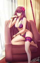 Rule 34 | 1girl, absurdres, bare shoulders, bikini, blush, bracelet, breasts, bridal garter, chair, cleavage, collarbone, curtains, fate/grand order, fate (series), flower, gae bolg (fate), hair flower, hair ornament, hibiscus, highres, jewelry, large breasts, legs, long hair, looking to the side, navel, polearm, purple bikini, purple hair, red eyes, scathach (fate), scathach (fate/grand order), scathach (swimsuit assassin) (fate), shinkai toro, smile, spear, swimsuit, thighs, weapon