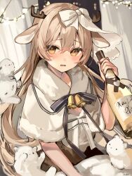 Rule 34 | 1girl, ame929, animal ears, animal request, antlers, bell, black ribbon, blanket, blonde hair, blurry, blurry foreground, blush, bottle, brown skirt, capelet, christmas lights, commentary request, deer ears, depth of field, hair ribbon, heart, highres, holding, holding bottle, horns, long hair, looking at viewer, merry christmas, on bed, open mouth, original, reindeer antlers, reindeer girl, ribbon, sidelocks, sitting, skirt, solo, striped ribbon, very long hair, white ribbon, wine bottle