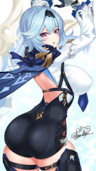 Rule 34 | 1girl, absurdres, arms up, ass, back, black gloves, black hairband, black leotard, black thighhighs, blue cape, blue hair, blue necktie, blush, breasts, cape, eula (genshin impact), genshin impact, gloves, hair ornament, hairband, highres, large breasts, leotard, long sleeves, looking at viewer, looking back, medium hair, necktie, nez-box, purple eyes, sidelocks, solo, sword, thighhighs, thighs, weapon