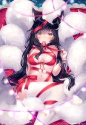 Rule 34 | 1girl, ahri (league of legends), animal ears, bell, black hair, blush, bound, breasts, choker, collar, deviantart username, facial mark, fox ears, fox tail, hand on own chest, highres, kitsune, league of legends, long hair, looking at viewer, medium breasts, neck bell, shouu-kun, sitting, solo, tail, thighhighs, tied up, very long hair, whisker markings, yellow eyes