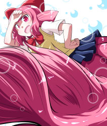 Rule 34 | 1girl, bow, bowtie, bubble, fang, fins, fish tail, hair bow, hand on forehead, hand on own hip, head fins, mermaid, monster girl, obyaa, open mouth, pink eyes, pink hair, shinkaigyo no anko-san, skirt, solo, sweater vest, tail, touna suzuki