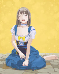 Rule 34 | 1girl, absurdres, barefoot, blue choker, blue dress, blush, bow, breasts, brown hair, choker, cleavage, closed eyes, collarbone, dirndl, dress, eyelashes, feet, frilled choker, frills, full body, german clothes, grey background, highres, looking at viewer, medium breasts, medium hair, on ground, open mouth, original, parted bangs, puffy short sleeves, puffy sleeves, shadow, short sleeves, sitting, smile, solo, teeth, toenails, toes, toyoki, underbust, white dress, yellow background, yellow bow