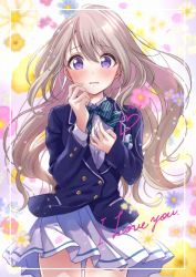 Rule 34 | 1girl, blue jacket, blush, bow, brown hair, commentary request, english text, floral background, green bow, jacket, long hair, long sleeves, looking at viewer, necocafe lili, open mouth, original, pleated skirt, shirt, skirt, solo, uniform, white shirt, white skirt