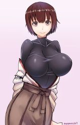 Rule 34 | 10s, 1girl, bad id, bad pixiv id, breasts, brown eyes, brown hair, brown skirt, collarbone, female focus, gradient background, hair between eyes, highres, hyuuga (kancolle), impossible clothes, impossible shirt, japanese clothes, kantai collection, large breasts, looking at viewer, muramura, nontraditional miko, shirt, short hair, skin tight, skirt, skirt set, smile, solo, undershirt