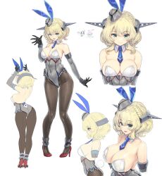 Rule 34 | 1girl, animal ears, ass, bare legs, black pantyhose, blonde hair, blue bow, blue bowtie, blue eyes, bow, bowtie, breasts, cleavage, colorado (kancolle), commission, cowboy shot, detached collar, elbow gloves, gloves, grey gloves, grey leotard, headgear, kantai collection, kiyama satoshi, large breasts, leotard, looking at viewer, multicolored leotard, multiple views, pantyhose, playboy bunny, rabbit ears, rabbit tail, red footwear, short hair, side-tie leotard, simple background, skeb commission, smile, standing, strapless, strapless leotard, tail, upper body, white background