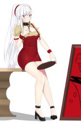 Rule 34 | 1girl, azur lane, bare legs, belfast (azur lane), belfast (piping-hot perfection) (azur lane), black footwear, blush, bow, breasts, brown shirt, cleavage, collarbone, dress, hair bow, hair ornament, high heels, highres, long hair, looking at viewer, applying manicure, medium breasts, pizza hut, ponytail, purple eyes, red dress, shirt, shoes, short dress, smile, solo, waitress, white background, white hair, zerotwenty (020)