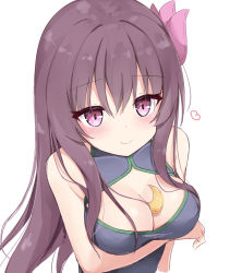 Rule 34 | 1girl, blush, breast hold, breasts, cleavage, cleavage cutout, clothing cutout, hair ornament, highres, holding, kamu (geeenius), kantai collection, kisaragi (kancolle), large breasts, long hair, looking at viewer, purple eyes, purple hair, sidelocks, simple background, smile, solo, upper body