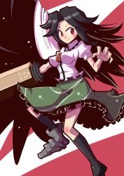 Rule 34 | 1girl, :&gt;, arm cannon, black hair, black legwear, black wings, blush, breasts, cape, colorized, frills, full body, green skirt, long hair, looking at viewer, maru-sun, perky breasts, puffy short sleeves, puffy sleeves, red eyes, reiuji utsuho, shirt, short sleeves, skirt, smile, solo, striped, striped background, third eye, touhou, weapon, white shirt, wings