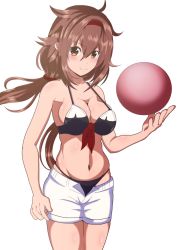 Rule 34 | 1girl, absurdres, adapted costume, ball, beachball, bikini, black bikini, breasts, brown eyes, brown hair, cleavage, commentary request, cowboy shot, front-tie top, hair flaps, hairband, highres, kantai collection, long hair, looking at viewer, low ponytail, medium breasts, navel, open fly, red hairband, shiratsuyu (kancolle), shiratsuyu kai ni (kancolle), shorts, simple background, solo, standing, swimsuit, unakyu, white background, white shorts
