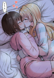 Rule 34 | 2girls, betock, blonde hair, blush, brown hair, closed eyes, from above, heart, highres, hood, hoodie, hug, licking, licking another&#039;s face, long hair, lying, multiple girls, on bed, on side, original, pillow, pink hoodie, pink shorts, short hair, shorts, speech bubble, striped clothes, striped sweater, sweat, sweatdrop, sweater, translation request, yuri