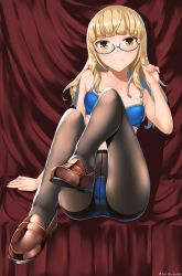 Rule 34 | 1girl, absurdres, blonde hair, blue bra, blue panties, blush, bra, breasts, brown eyes, crotch seam, glasses, highres, hiroshi (hunter-of-kct), long hair, looking at viewer, panties, panties under pantyhose, pantyhose, perrine h. clostermann, sitting, small breasts, smile, solo, strike witches, underwear, world witches series
