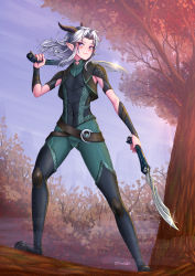 Rule 34 | 1girl, adsouto, artist name, boots, commentary, cropped jacket, day, dual wielding, english commentary, facial mark, flat chest, highres, holding, horns, jacket, legs apart, long hair, looking at viewer, open clothes, open jacket, outdoors, pointy ears, purple eyes, rayla (the dragon prince), silver hair, sleeveless, smile, solo, standing, the dragon prince, thigh boots, thighhighs, weapon, wind, wrist guards