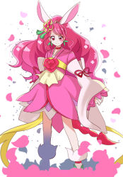 Rule 34 | 1girl, animal ears, back bow, bow, choker, clenched hand, closed mouth, commentary request, cure grace, cure grace (partner form), dress, earrings, flower, frown, full body, gloves, hair flower, hair ornament, hanadera nodoka, healin&#039; good precure, healin&#039; good precure: yume no machi de kyun! tto gogo! daihenshin!!, huge bow, japanese clothes, jewelry, kimono, kimono dress, leaf earrings, long hair, looking at viewer, loose socks, magical girl, medium dress, mitumi mira, obi, partial commentary, petals, pink eyes, pink flower, pink hair, pink kimono, precure, rabbit ears, red choker, sash, socks, solo, standing, swept bangs, tiara, very long hair, white background, white bow, white gloves, white socks, wide sleeves