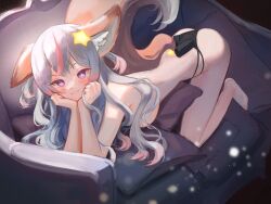 Rule 34 | 1girl, :3, absurdres, all fours, animal ear fluff, animal ears, annytf, ass, barefoot, besi (besidoesart), black panties, blush, breasts, closed mouth, colored tips, couch, fox ears, fox girl, fox tail, grey hair, hair ornament, hands on own cheeks, hands on own face, heart, heart-shaped pupils, highres, indie virtual youtuber, long hair, looking at viewer, medium breasts, multi-strapped panties, multicolored hair, on couch, panties, pillow, pink hair, purple eyes, smile, solo, star (symbol), star hair ornament, streaked hair, symbol-shaped pupils, tail, thighs, topless, underwear, virtual youtuber