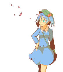 Rule 34 | 1girl, bag, blue eyes, blue hair, carrying, female focus, hair bobbles, hair ornament, hat, hunabera, kawashiro nitori, matching hair/eyes, petals, simple background, smile, solo, touhou, twintails, two side up, white background, wind