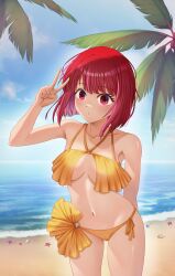 Rule 34 | 1girl, absurdres, arima kana, bare arms, bare legs, bare shoulders, beach, bob cut, closed mouth, highres, inverted bob, looking at viewer, navel, one-piece swimsuit, oshi no ko, red eyes, red hair, sand, short hair, solo, swimsuit, user hzyc7324, v, yellow one-piece swimsuit