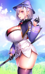 Rule 34 | 1girl, black gloves, black thighhighs, blue sky, blush, bow, braid, breasts, cleavage, cloud, commentary request, dress, gloves, hat, highres, holding, holding staff, huge breasts, long sleeves, looking at viewer, mage staff, mountainous horizon, open mouth, original, outdoors, panties, pantyshot, purple hat, red bow, short hair, sky, smile, solo, staff, standing, teeth, thighhighs, thighs, tsukumiya amane, underwear, upper teeth only, white dress, white hair, white panties, wizard, wizard hat