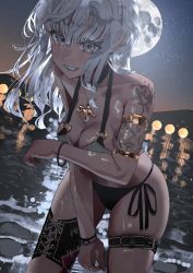 Rule 34 | 1girl, absurdres, blush, bracelet, breasts, cleavage, dark-skinned female, dark skin, full moon, grey eyes, grin, hani haya, highres, jewelry, long hair, looking at viewer, moon, mountain, necklace, night, original, outdoors, see-through, silver hair, sky, smile, solo, star (sky), starry sky, tattoo, thigh strap, wading
