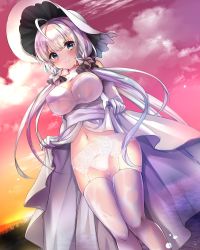 Rule 34 | 1girl, ahoge, azur lane, blue eyes, breasts, cleavage, clothes lift, dress, dress lift, garter belt, hat, highres, illustrious (azur lane), lace, lace-trimmed legwear, lace trim, large breasts, lifting own clothes, outdoors, panties, see-through, solo, standing, stomach, thighhighs, underwear, water drop, white hair, white hat, white panties, white thighhighs