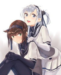 Rule 34 | 2girls, :d, black gloves, black hairband, black legwear, black neckerchief, black skirt, blue eyes, blush, brown hair, closed mouth, corset, elbow gloves, gloves, gradient background, green eyes, grey background, hairband, hands on another&#039;s shoulders, hands on own knees, hatsuzuki (kancolle), highres, hiiragii (hiiragi 0404), kantai collection, kneeling, knees up, leaning forward, long hair, looking at viewer, miniskirt, multiple girls, neckerchief, one side up, open mouth, pantyhose, pleated skirt, school uniform, serafuku, sidelocks, silver hair, sitting, skirt, smile, suzutsuki (kancolle), white gloves, white legwear, white neckerchief, white skirt