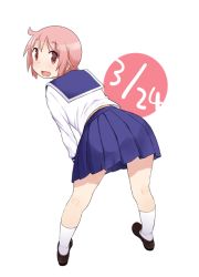 Rule 34 | 1girl, :d, bent over, birthday, blue sailor collar, blue skirt, brown footwear, circle, commentary request, dated, happy, katatsuka kouji, loafers, long sleeves, looking at viewer, looking back, nonohara yuzuko, open mouth, pink eyes, pink hair, pleated skirt, sailor collar, school uniform, serafuku, shirt, shoes, short hair, skirt, smile, socks, solo, white background, white shirt, white socks, yuyushiki, yuyushiki&#039;s school uniform