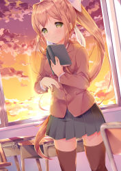 Rule 34 | 1girl, black thighhighs, blazer, blue skirt, blush, book, bow, breasts, brown hair, chair, classroom, closed mouth, cloud, cloudy sky, commentary request, day, desk, doki doki literature club, green eyes, grey jacket, hair bow, highres, holding, holding book, holding pen, indoors, jacket, long hair, long sleeves, looking at viewer, medium breasts, miniskirt, monika (doki doki literature club), pen, pleated skirt, ponytail, ribbon, school, school chair, school desk, school uniform, shirt, sidelocks, skirt, sky, smile, solo, standing, sun, sunlight, sunset, tareme, thighhighs, white bow, white shirt, window, yamada konayuki, zettai ryouiki