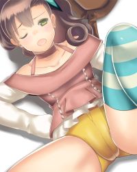 Rule 34 | 1girl, bad id, bad pixiv id, bag, bare shoulders, blush, brown hair, butterfly hair ornament, choker, chousoku henkei gyrozetter, eko, green eyes, hair ornament, inaba rinne, leg up, long hair, long sleeves, lying, on back, one eye closed, open mouth, ribbon choker, shorts, side ponytail, single thighhigh, solo, spread legs, striped clothes, striped thighhighs, thighhighs, wink