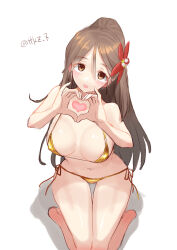 Rule 34 | 1girl, alternate costume, amagi (kancolle), bikini, breasts, brown hair, cleavage, flower, from above, gold bikini, hair flower, hair ornament, heart, heart hands, highres, kantai collection, large breasts, looking at viewer, navel, off shoulder, open mouth, ponytail, red eyes, simple background, sitting, smile, solo, string bikini, swimsuit, tetsukuzu (yajirushi shita), wariza, white background