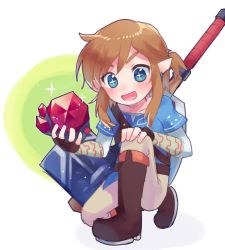 Rule 34 | + +, 1boy, blonde hair, blue eyes, blue shirt, blush, boots, brown footwear, brown gloves, brown hair, brown pants, crystal, fingerless gloves, full body, gloves, green background, link, male focus, medium hair, nintendo, on one knee, open mouth, pants, pointy ears, shield, shield on back, shirt, simple background, solo, sword, the legend of zelda, the legend of zelda: breath of the wild, two-tone background, weapon, white background, xox xxxxxx