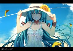Rule 34 | 1girl, ^ ^, bare arms, bikini, bikini top only, bikini under clothes, breasts, character name, closed eyes, cloud, cloudy sky, contrail, day, dress, flower, front-tie top, grin, hair flower, hair ornament, hands on headwear, happy, hat, hatsune miku, highres, holding, holding clothes, holding hat, kazenoko, letterboxed, nail polish, outdoors, see-through, sky, small breasts, smile, solo, summer, sun hat, sunflower, sunflower hair ornament, swimsuit, teeth, twintails, vocaloid, white dress, wristband