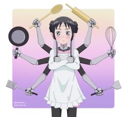 1girl android artist_name black_eyes black_hair boku_no_tsuma_wa_kanjou_ga_nai double_bun dress dual_wielding extra_arms frying_pan gradient_background hair_bun highres holding holding_knife holding_spoon holding_whisk knife lakiastar mina_(bokutsuma) mixed-language_commentary robot rolling_pin short_hair solo spatula spoon standing whisk white_dress