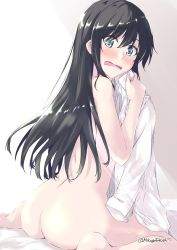Rule 34 | 1girl, asashio (kancolle), ass, barefoot, black hair, blue eyes, blush, commentary request, dress shirt, from behind, full body, holding, holding clothes, kantai collection, long hair, long sleeves, looking at viewer, looking back, mikage takashi, nude, shirt, sitting, solo, surprised, twitter username, wariza