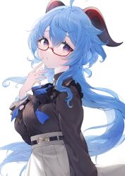 Rule 34 | 1girl, :o, ahoge, amenosaka nono, black bow, black shirt, blue hair, bow, breasts, frilled shirt, frilled sleeves, frills, from side, ganyu (china merchants bank) (genshin impact), ganyu (genshin impact), genshin impact, glasses, high-waist skirt, highres, horns, long hair, long sleeves, looking at viewer, medium breasts, official alternate costume, parted lips, purple eyes, red-framed eyewear, semi-rimless eyewear, shirt, shirt tucked in, sidelocks, skirt, solo, turtleneck, upper body, white skirt