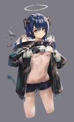 Rule 34 | 1girl, arknights, asymmetrical gloves, black coat, black gloves, black shorts, blue eyes, blue hair, breasts, chinese commentary, closed mouth, clothes lift, coat, commentary request, cowboy shot, cropped legs, demon horns, demon tail, embarrassed, energy wings, fur-trimmed coat, fur trim, gloves, grey background, halo, highres, hood, hooded coat, horns, lifting own clothes, long hair, long sleeves, looking at viewer, mismatched gloves, mostima (arknights), navel, open clothes, open coat, shirt lift, shorts, simple background, small breasts, solo, stomach, tail, underboob, white gloves, zygocactus
