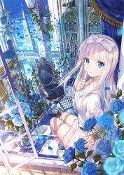 Rule 34 | 1girl, belt, blue eyes, blue flower, blue rose, blue theme, blunt bangs, bow, building, chair, chess piece, chessboard, curtains, fantasy, flower, from side, fuzichoco, hair bow, highres, index finger raised, long hair, long sleeves, looking at viewer, looking to the side, original, parted lips, petals, platinum blonde hair, rose, rose petals, school uniform, serafuku, silver hair, sitting, solo, sunlight, vase, white bow, window