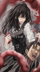 Rule 34 | 1girl, :d, belt, black hair, blood, breasts, chainsaw man, disembodied head, heart, highres, hz (helu 2), long hair, looking at viewer, open mouth, pleated skirt, scar, scar on face, school uniform, skirt, smile, solo, tanaka (chainsaw man), yellow eyes, yoru (chainsaw man)