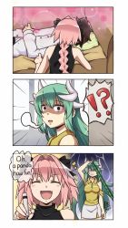 Rule 34 | !?, + +, 1girl, 2boys, artist name, astolfo (fate), bow, braid, breasts, comic, commentary request, english text, fang, fate/grand order, fate (series), fujimaru ritsuka (male), green hair, hair bow, highres, horns, kiyohime (fate), kiyohime (swimsuit lancer) (fate), long hair, long sleeves, maroonabyss, medium breasts, multiple boys, pink hair, polearm, ponytail, shaded face, spear, very long hair, weapon